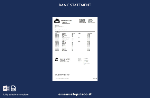 modello word di estratto conto bancario della Banca di Aston del Regno Unito in 